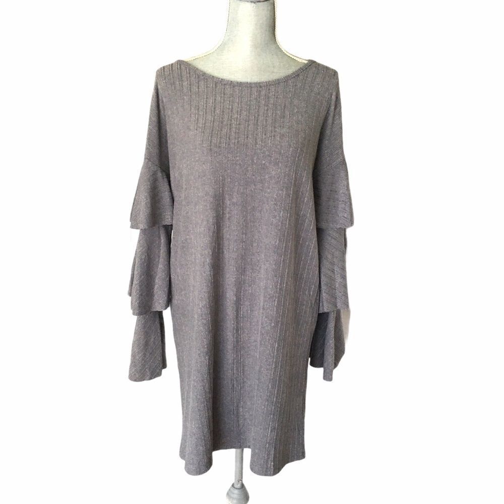 L Love Grey Layered Ruffle Sleeves Dress Size S